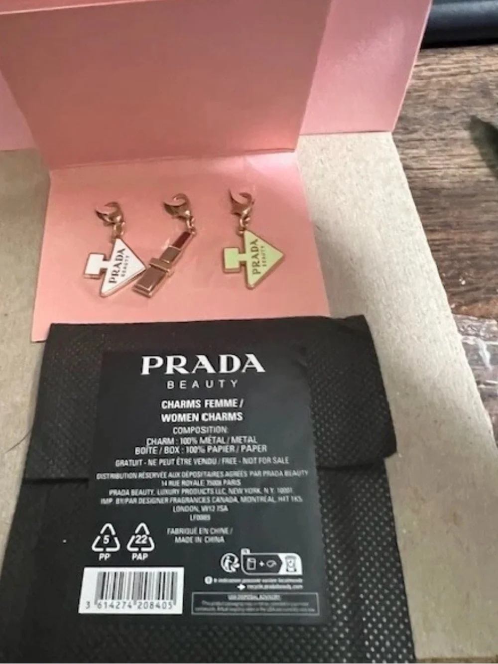 Prada Beauty Enamel Mini Charm Keychain Trio in Pink, White & Mint with Gold HW